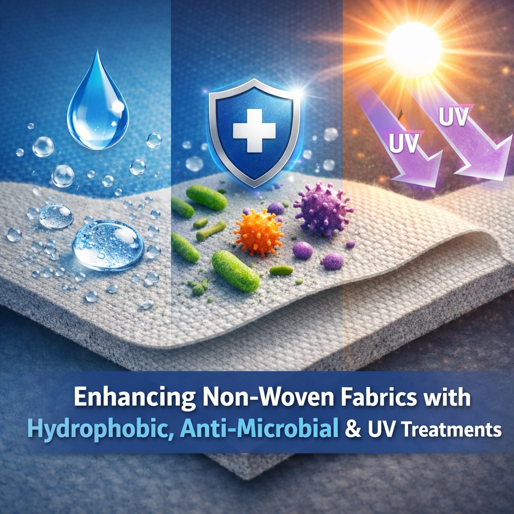 Functional finishes on non-woven fabrics: Hydrophobic, Anti-Microbial & UV treatments for enhanced water resistance, hygiene protection, and UV stability.