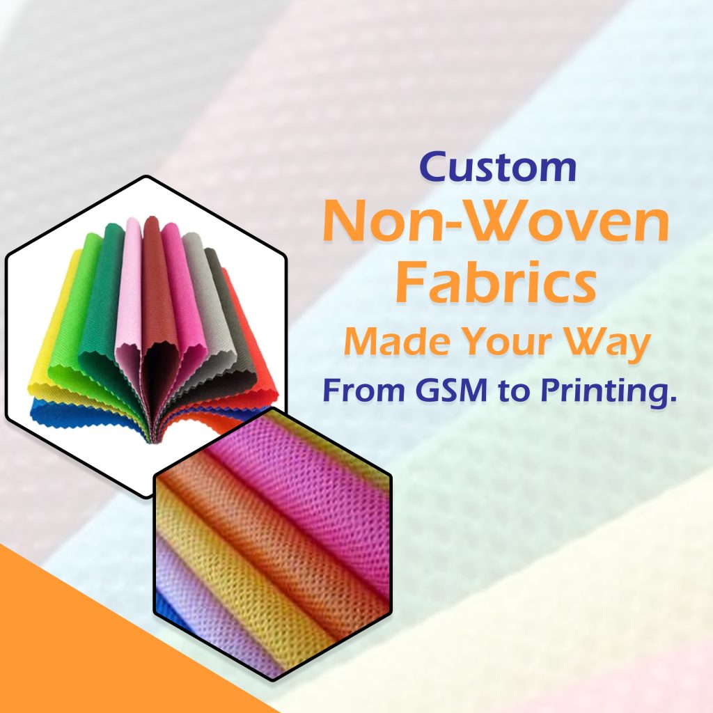 Custom non woven fabric manufacturing in India showing GSM, color, lamination, and printing customization options