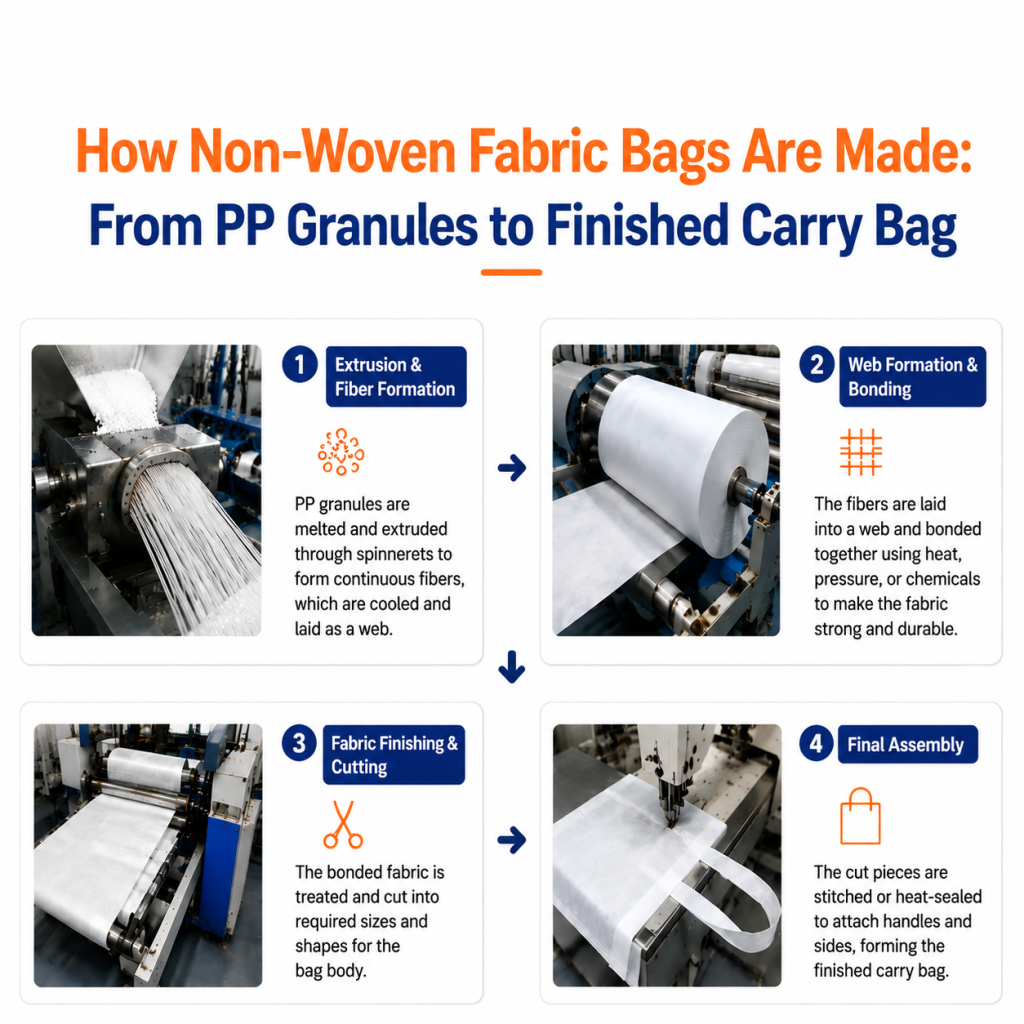 non-woven fabric bags manufacturing process showing PP granules to finished bags