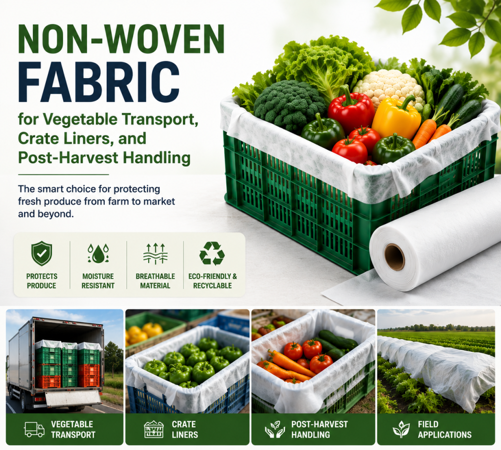 Non-woven fabric crate liners used for vegetable transport and post-harvest handling with fresh vegetables in storage crates