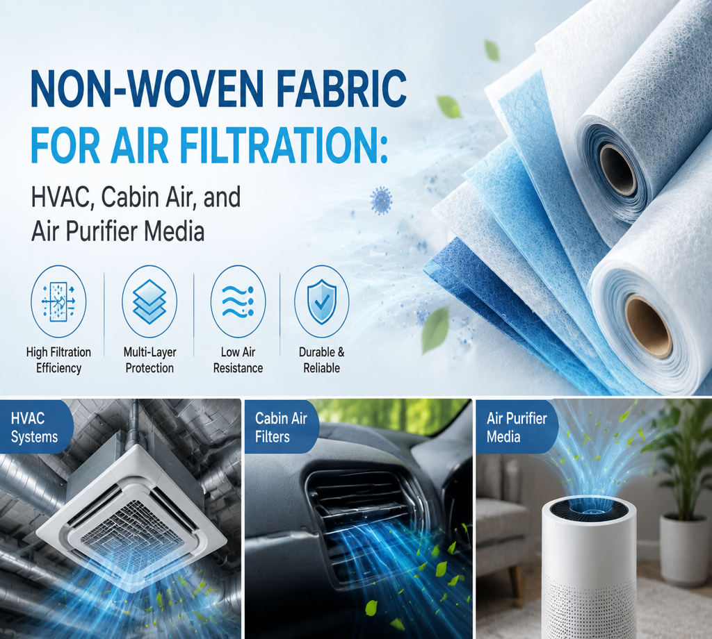 Non-woven fabric rolls for HVAC, cabin air and air purifier filtration media
