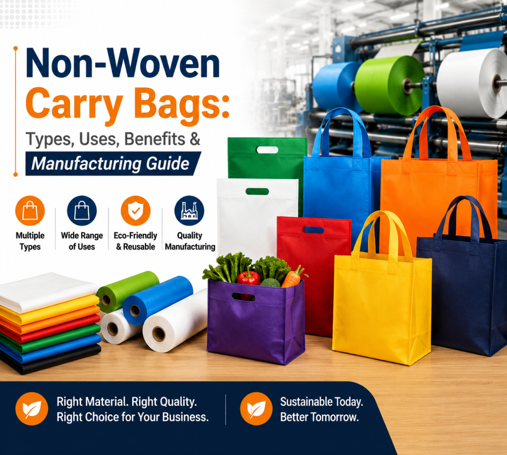 Non-woven carry bags in different colors with manufacturing rolls showing types, uses, benefits, and quality production process